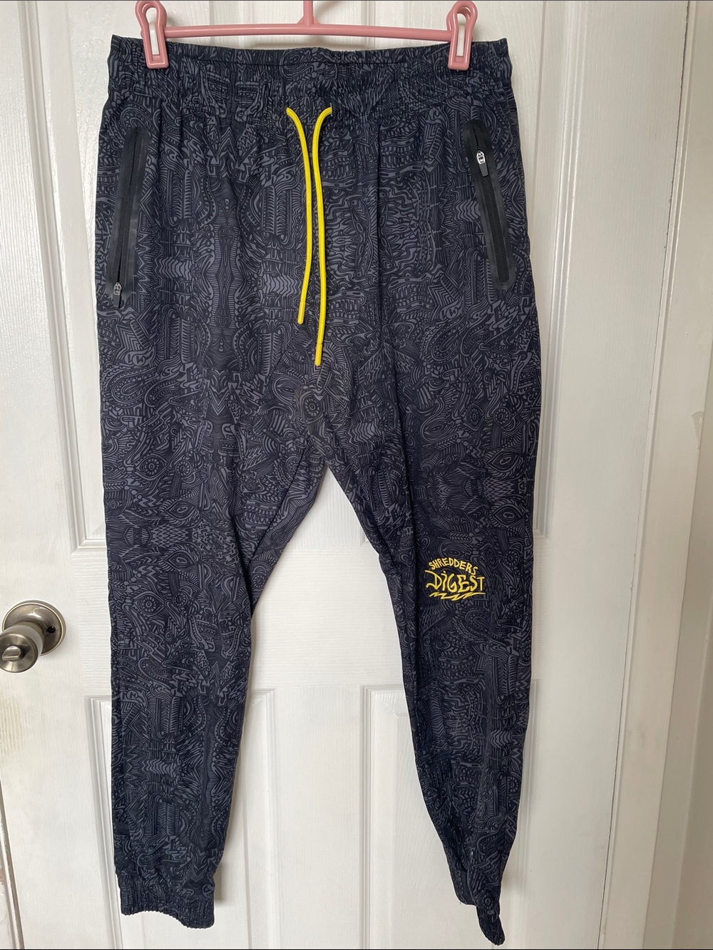 Men's Black Patterned Joggers with Yellow Drawstring -